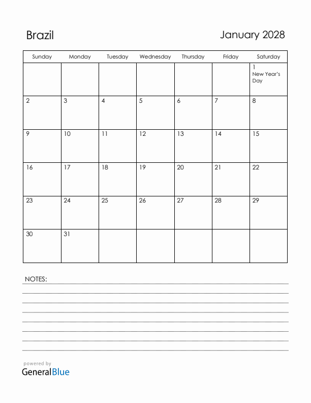 January 2028 Brazil Calendar with Holidays (Sunday Start)