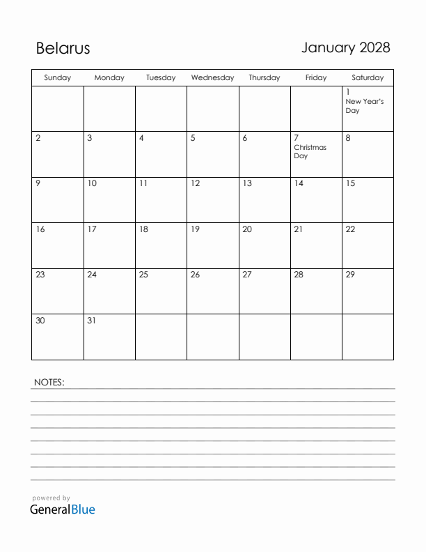 January 2028 Belarus Calendar with Holidays (Sunday Start)