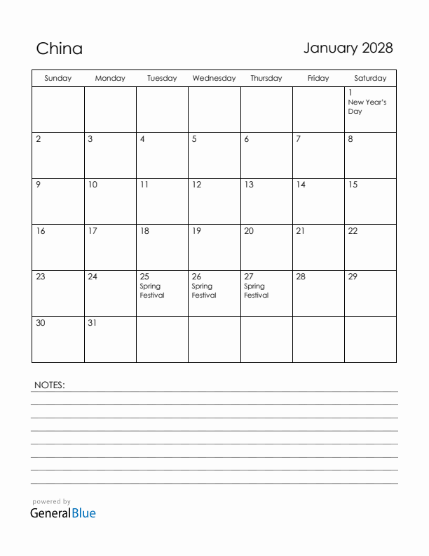 January 2028 China Calendar with Holidays (Sunday Start)