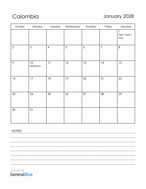 January 2028 Colombia Calendar with Holidays (Sunday Start)