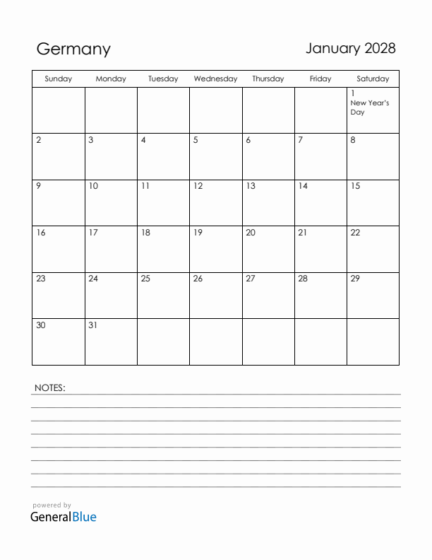 January 2028 Germany Calendar with Holidays (Sunday Start)