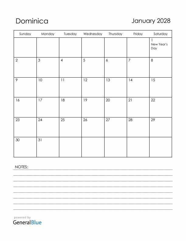 January 2028 Dominica Calendar with Holidays (Sunday Start)