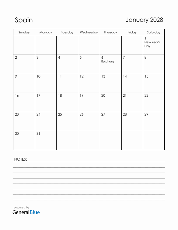 January 2028 Spain Calendar with Holidays (Sunday Start)