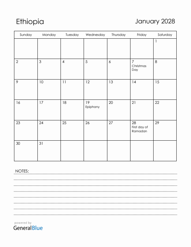 January 2028 Ethiopia Calendar with Holidays (Sunday Start)