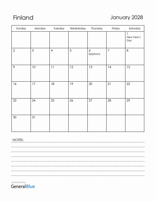 January 2028 Finland Calendar with Holidays (Sunday Start)