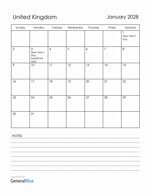 January 2028 United Kingdom Calendar with Holidays (Sunday Start)