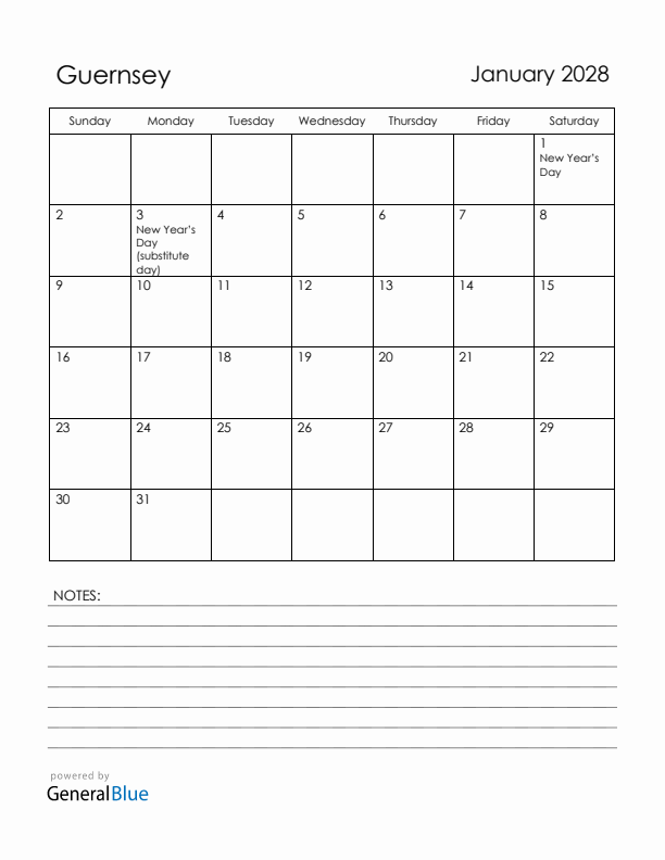 January 2028 Guernsey Calendar with Holidays (Sunday Start)