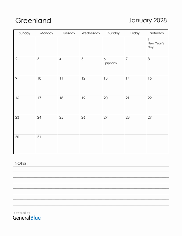 January 2028 Greenland Calendar with Holidays (Sunday Start)