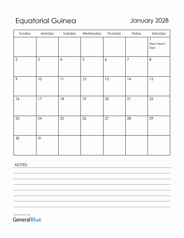 January 2028 Equatorial Guinea Calendar with Holidays (Sunday Start)