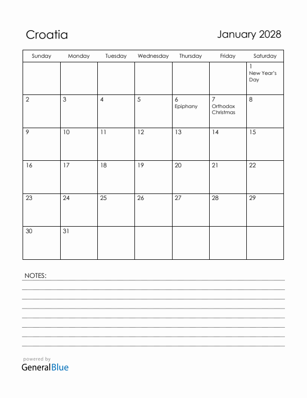January 2028 Croatia Calendar with Holidays (Sunday Start)