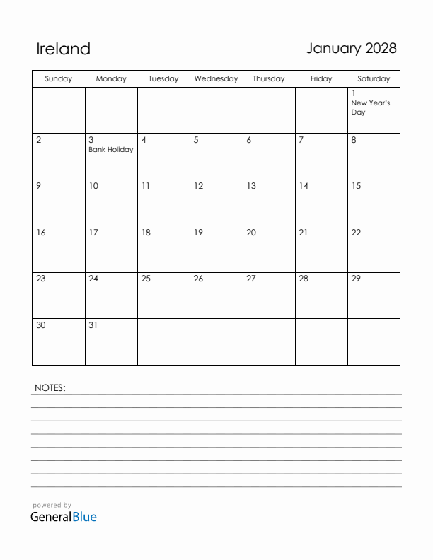 January 2028 Ireland Calendar with Holidays (Sunday Start)