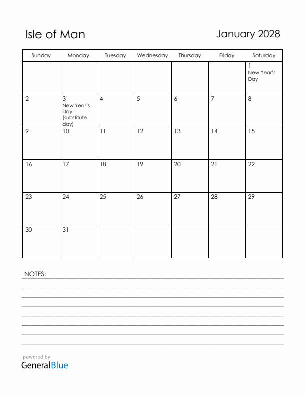 January 2028 Isle of Man Calendar with Holidays (Sunday Start)