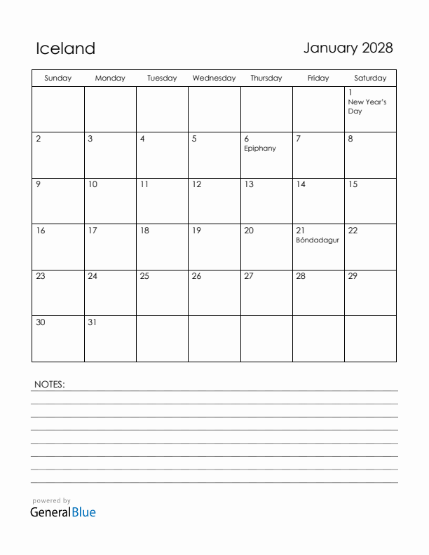 January 2028 Iceland Calendar with Holidays (Sunday Start)