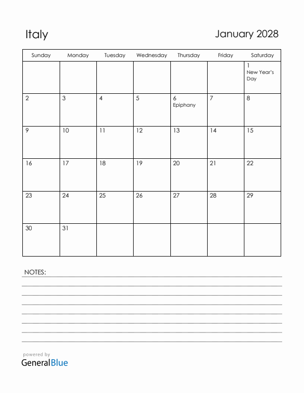 January 2028 Italy Calendar with Holidays (Sunday Start)