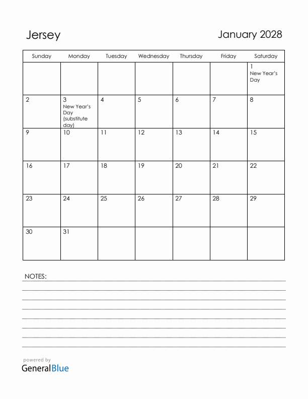 January 2028 Jersey Calendar with Holidays (Sunday Start)