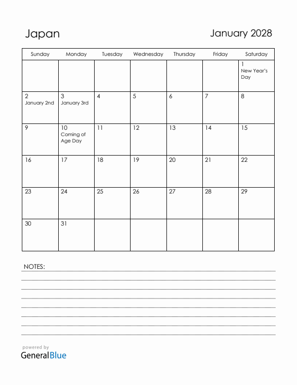 January 2028 Japan Calendar with Holidays (Sunday Start)