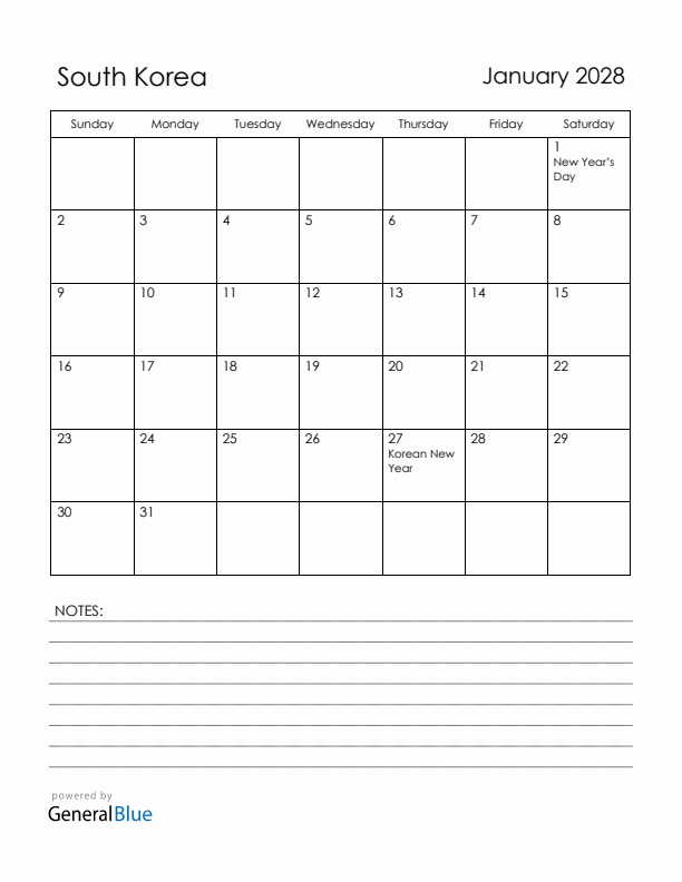 January 2028 South Korea Calendar with Holidays (Sunday Start)