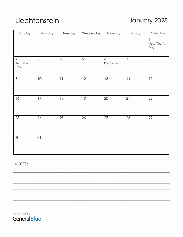 January 2028 Liechtenstein Calendar with Holidays (Sunday Start)