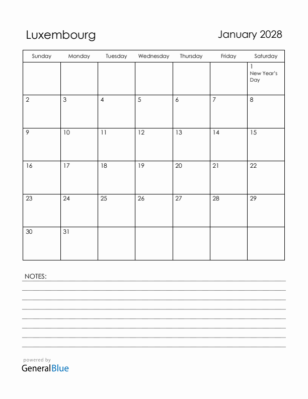 January 2028 Luxembourg Calendar with Holidays (Sunday Start)