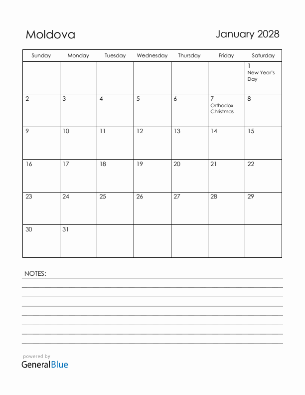 January 2028 Moldova Calendar with Holidays (Sunday Start)