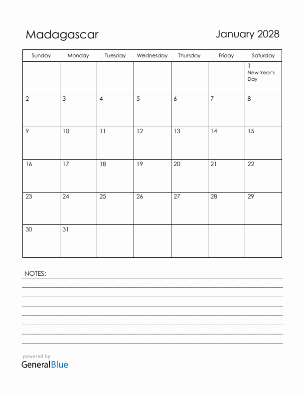 January 2028 Madagascar Calendar with Holidays (Sunday Start)