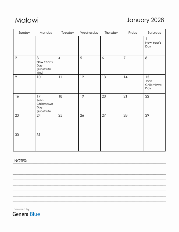 January 2028 Malawi Calendar with Holidays (Sunday Start)