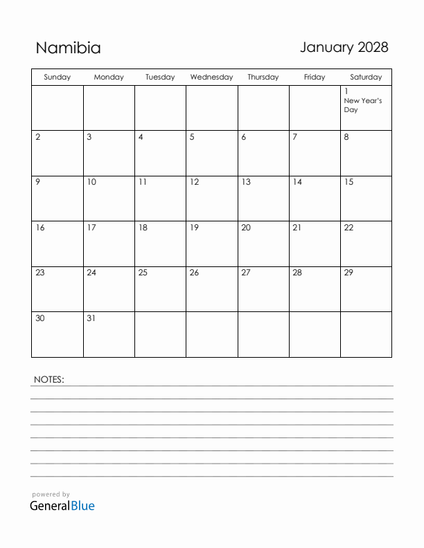 January 2028 Namibia Calendar with Holidays (Sunday Start)