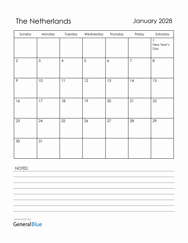January 2028 The Netherlands Calendar with Holidays (Sunday Start)