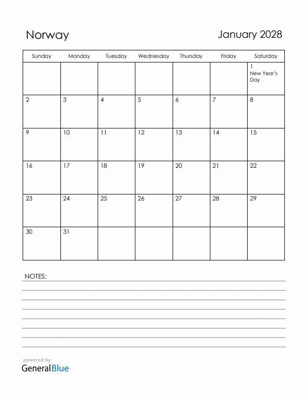January 2028 Norway Calendar with Holidays (Sunday Start)