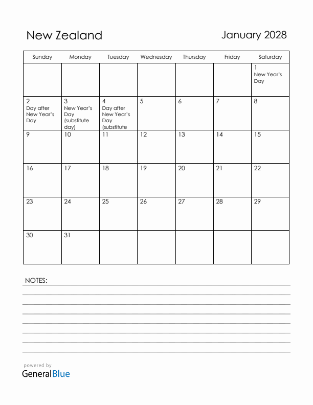 January 2028 New Zealand Calendar with Holidays (Sunday Start)