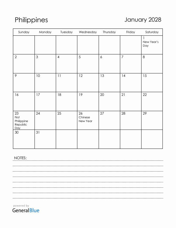 January 2028 Philippines Calendar with Holidays (Sunday Start)