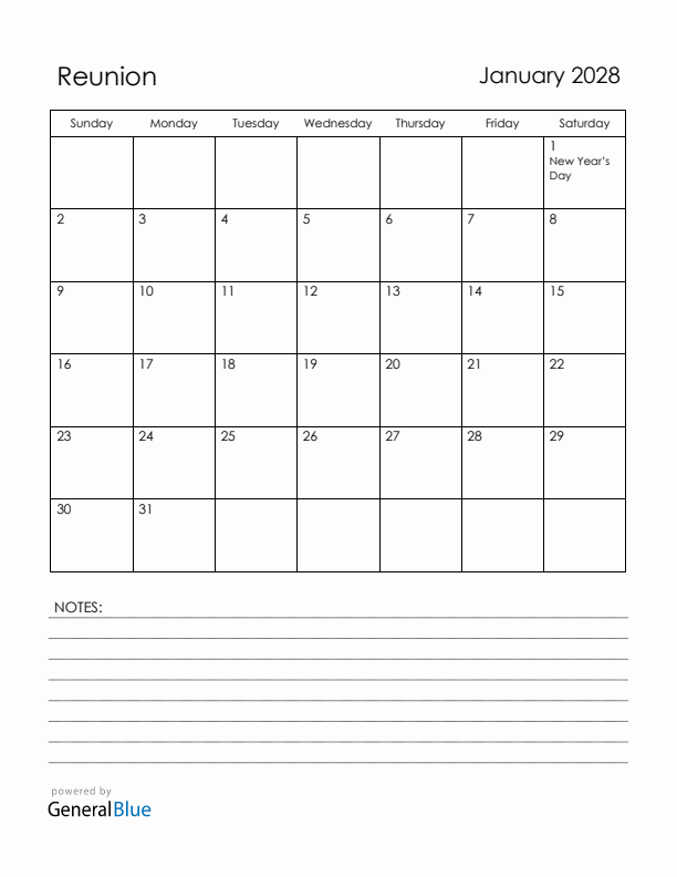January 2028 Reunion Calendar with Holidays (Sunday Start)