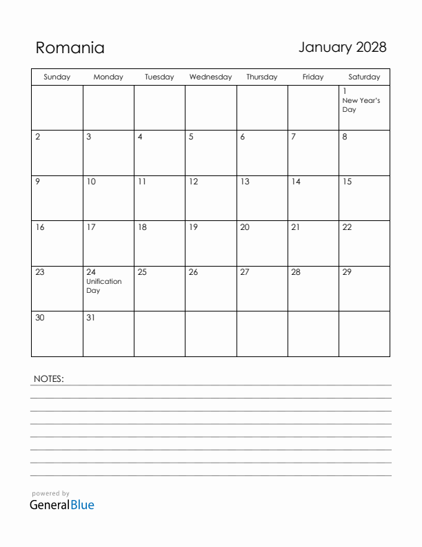 January 2028 Romania Calendar with Holidays (Sunday Start)