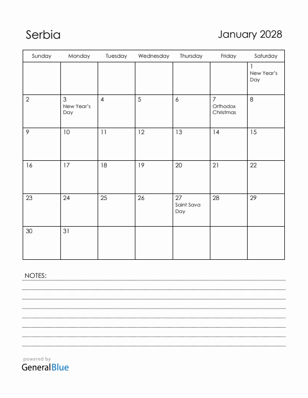 January 2028 Serbia Calendar with Holidays (Sunday Start)