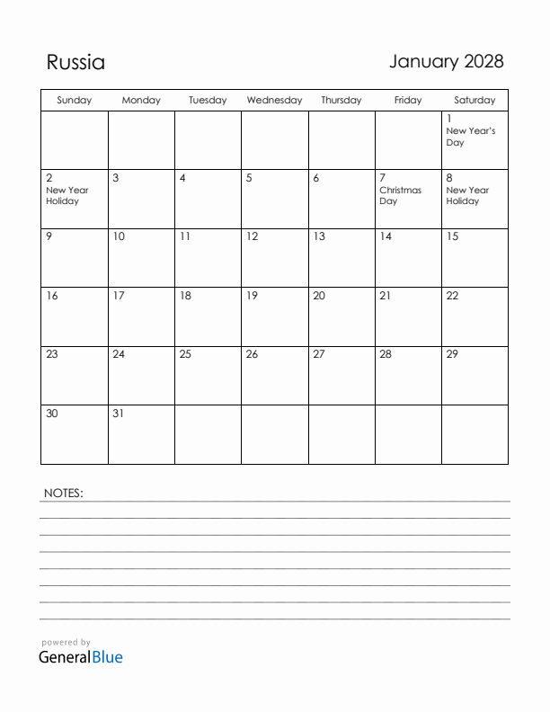 January 2028 Russia Calendar with Holidays (Sunday Start)