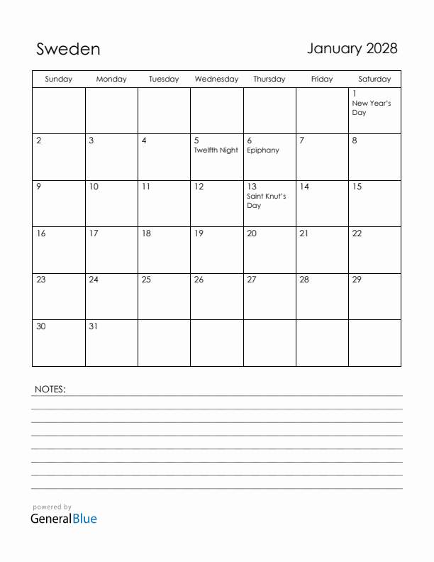 January 2028 Sweden Calendar with Holidays (Sunday Start)