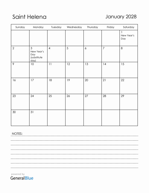 January 2028 Saint Helena Calendar with Holidays (Sunday Start)