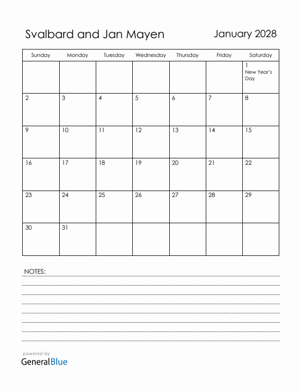 January 2028 Svalbard and Jan Mayen Calendar with Holidays (Sunday Start)