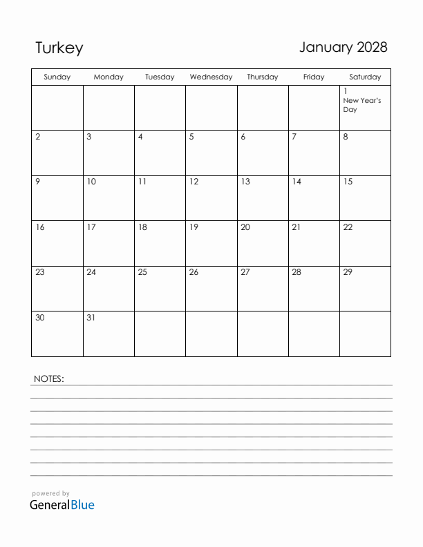 January 2028 Turkey Calendar with Holidays (Sunday Start)