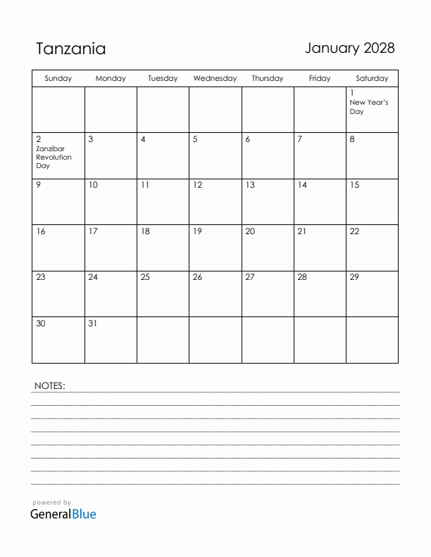 January 2028 Tanzania Calendar with Holidays (Sunday Start)