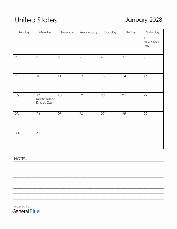 January 2028 United States Calendar with Holidays (Sunday Start)