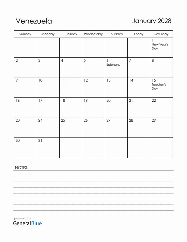 January 2028 Venezuela Calendar with Holidays (Sunday Start)