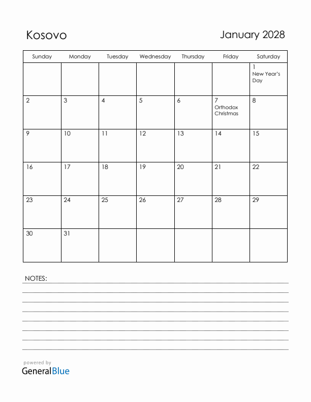 January 2028 Kosovo Calendar with Holidays (Sunday Start)