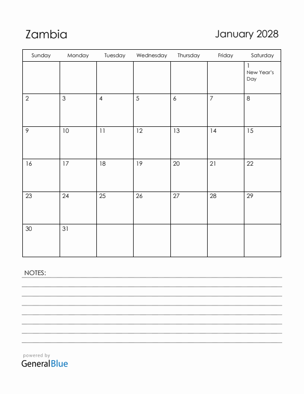 January 2028 Zambia Calendar with Holidays (Sunday Start)