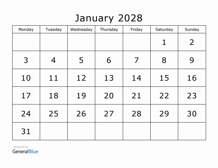 Printable January 2028 Calendar - Monday Start