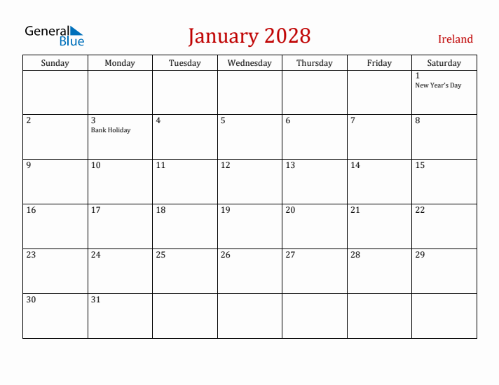 Ireland January 2028 Calendar - Sunday Start