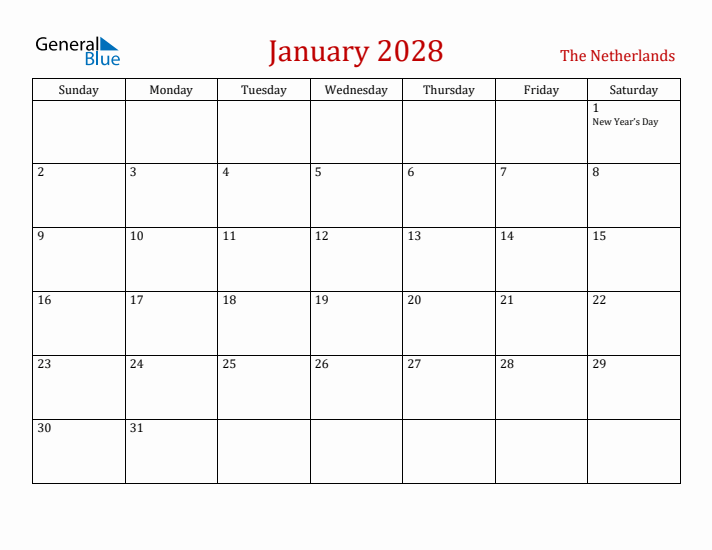 The Netherlands January 2028 Calendar - Sunday Start