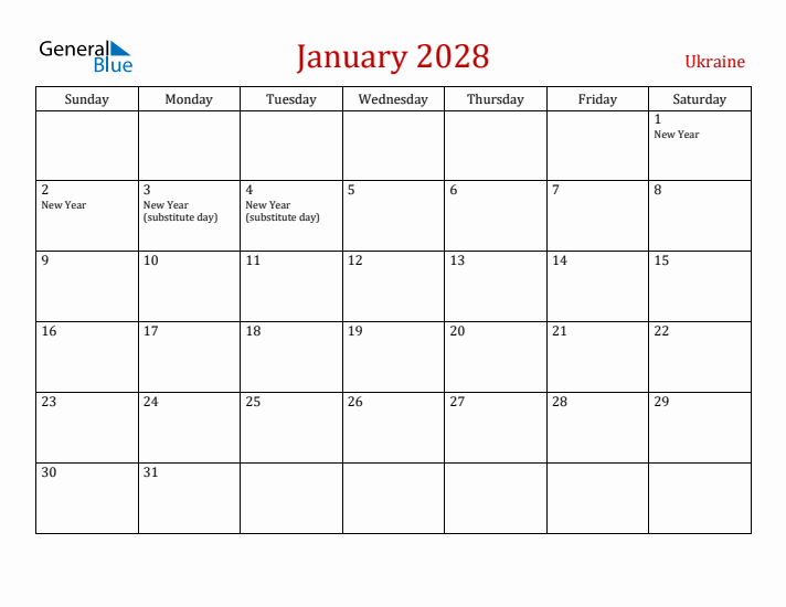 Ukraine January 2028 Calendar - Sunday Start