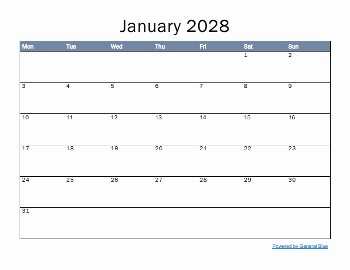 January 2028 Simple Month Calendar Template