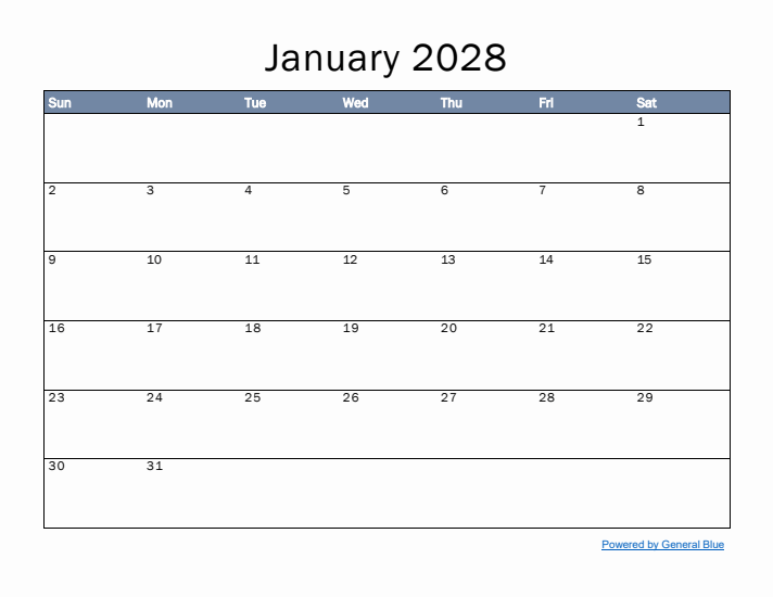 January 2028 Simple Month Calendar Template